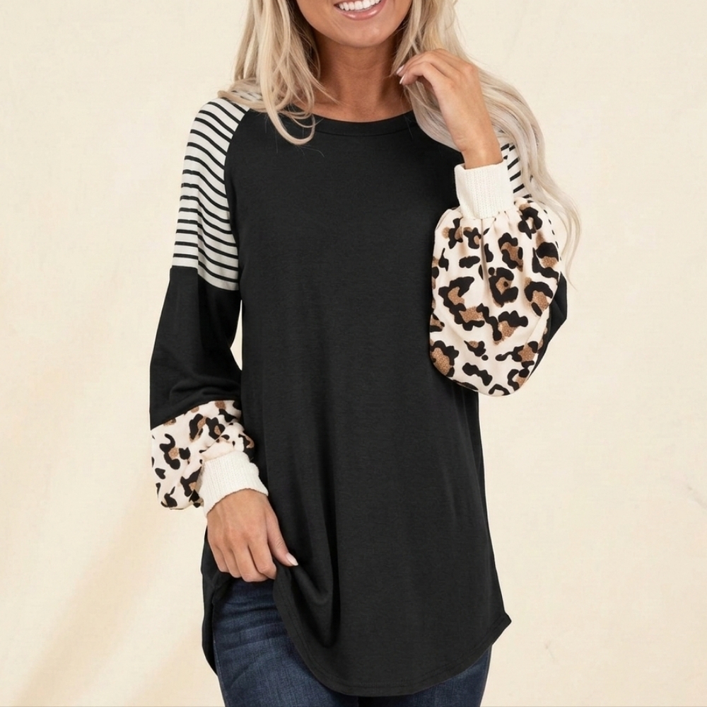 Leopard Lantern Sleeve Stripe Patchwork Casual Co… - image 1
